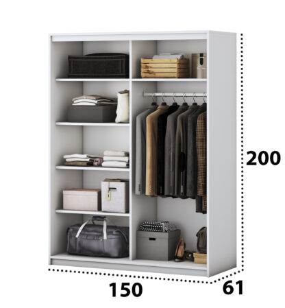 Dormitor Solano, Alb, Dulap 150 cm, Pat cu tablie tapitata negru 160x200 cm, 2 noptiere, comoda - imagine 8