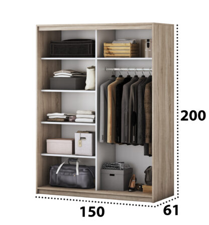 Dormitor Solano, Sonoma, Dulap 150 cm, Pat cu tablie tapitata camel 140×200 cm, 2 noptiere, comoda - imagine 9