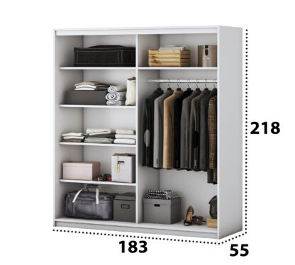 Dormitor Solano, Alb, Dulap 183 cm, Pat cu tablie tapitata negru 140x200 cm, 2 noptiere, comoda - imagine 9
