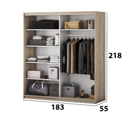 Dormitor Solano, Sonoma, Dulap 183 cm, Pat cu tablie tapitata camel 160×200 cm, 2 noptiere, comoda - imagine 7