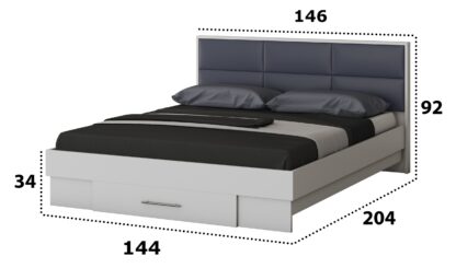 Dormitor Solano, Alb, Dulap 150 cm, Pat cu tablie tapitata gri 140×200 cm, 2 noptiere, comoda - imagine 5
