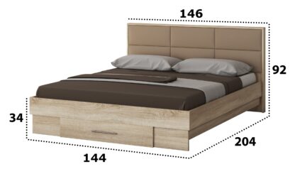 Dormitor Solano, Sonoma, Dulap 150 cm, Pat cu tablie tapitata camel 140×200 cm, 2 noptiere, comoda - imagine 5