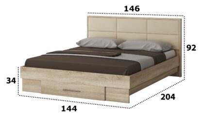Dormitor Solano, Sonoma, Dulap 150 cm, Pat cu tablie tapitata crem 140×200 cm, 2 noptiere, comoda - imagine 5