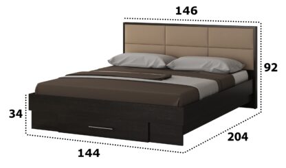 Dormitor Solano, Wenge, Dulap 150 cm, Alb, Pat cu tablie tapitata camel 140×200 cm, 2 noptiere, comoda - imagine 5