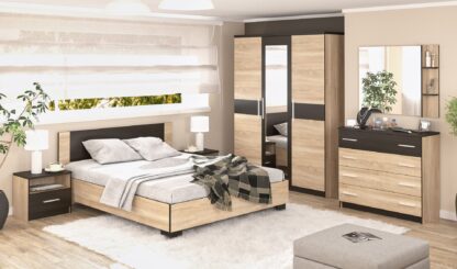 Set Dormitor Veronika, Sonoma/Wenge, Dulap 150 cm, Pat 160×200 cm, 2 noptiere, comoda