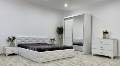 Dormitor Praga, alb,160×200 cm, Dulap 150 cm, Pat 160 x 200 cm, 2 noptiere, comoda - imagine 2