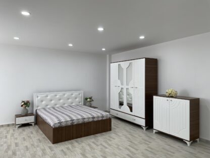 Dormitor Fantasia, alb/nuc,160×200 cm, Dulap 180 cm, Pat 160 x 200 cm, 2 noptiere, comoda - imagine 2
