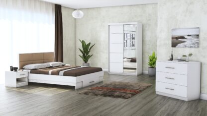 Dormitor Solano, Alb, Dulap 120 cm, Pat cu tablie tapitata camel 140x200 cm, 2 noptiere, comoda