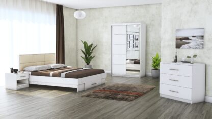 Dormitor Solano, Alb, Dulap 120 cm, Pat cu tablie tapitata crem 140x200 cm, 2 noptiere, comoda