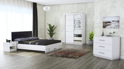 Dormitor Solano, Alb, Dulap 120 cm, Pat cu tablie tapitata negru 140x200 cm, 2 noptiere, comoda