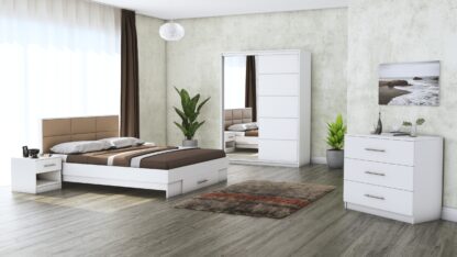 Dormitor Solano, Alb, Dulap 150 cm, Pat cu tablie tapitata camel 160x200 cm