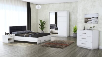 Dormitor Solano, Alb, Dulap 150 cm, Pat cu tablie tapitata negru 160x200 cm, 2 noptiere, comoda