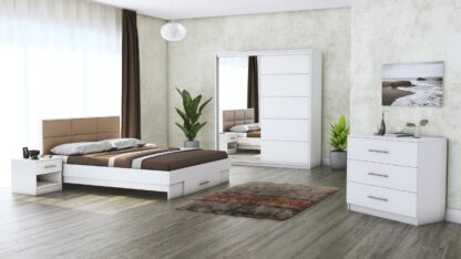 Dormitor Solano, Alb, Dulap 183 cm, Pat cu tablie tapitata camel 140x200 cm, 2 noptiere, comoda