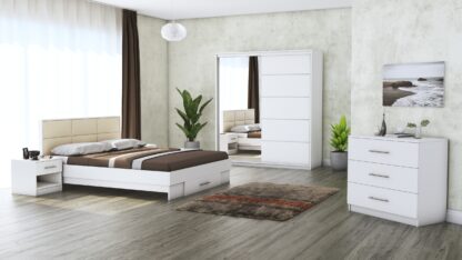 Dormitor Solano, Alb, Dulap 183 cm, Pat cu tablie tapitata crem 140x200 cm, 2 noptiere, comoda