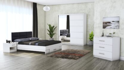 Dormitor Solano, Alb, Dulap 183 cm, Pat cu tablie tapitata negru 140x200 cm, 2 noptiere, comoda