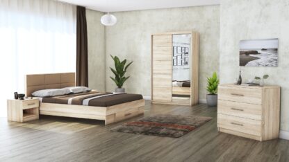 Dormitor Solano, Sonoma, Dulap 120 cm, Pat cu tablie tapitata camel 140×200 cm, 2 noptiere, comoda