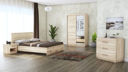 Dormitor Solano, Sonoma, Dulap 120 cm, Pat cu tablie tapitata crem 160×200 cm, 2 noptiere, comoda