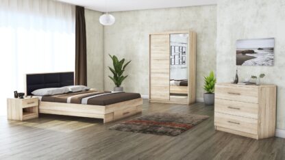 Dormitor Solano, Sonoma, Dulap 120 cm, Pat cu tablie tapitata negru 140×200 cm, 2 noptiere, comoda