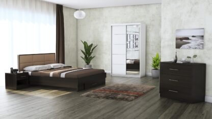 Dormitor Solano, Wenge, Dulap 120 cm, Alb, Pat cu tablie tapitata camel 140×200 cm, 2 noptiere, comoda