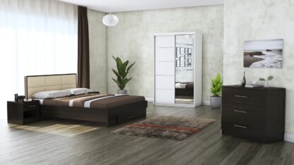 Dormitor Solano, Wenge, Dulap 120 cm, Alb, Pat cu tablie tapitata crem 140×200 cm, 2 noptiere, comoda