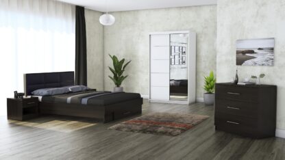 Dormitor Solano, Wenge, Dulap 120 cm, Alb, Pat cu tablie tapitata negru 160×200 cm, 2 noptiere, comoda