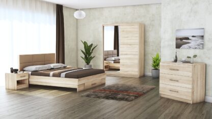 Dormitor Solano, Sonoma, Dulap 150 cm, Pat cu tablie tapitata camel 140×200 cm, 2 noptiere, comoda
