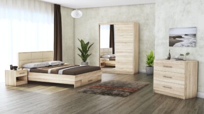 Dormitor Solano, Sonoma, Dulap 150 cm, Pat cu tablie tapitata crem 140×200 cm, 2 noptiere, comoda