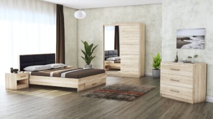 Dormitor Solano, Sonoma, Dulap 150 cm, Pat cu tablie tapitata negru 160×200 cm, 2 noptiere, comoda