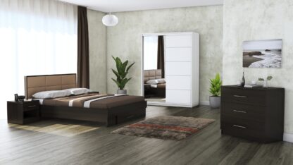 Dormitor Solano, Wenge, Dulap 150 cm, Alb, Pat cu tablie tapitata camel 140×200 cm, 2 noptiere, comoda