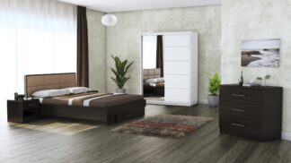 Dormitor Solano, Wenge, Dulap 150 cm, Alb, Pat cu tablie tapitata camel 160×200 cm, 2 noptiere, comoda