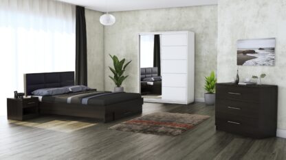 Dormitor Solano, Wenge, Dulap 150 cm, Alb, Pat cu tablie tapitata negru 140×200 cm, 2 noptiere, comoda