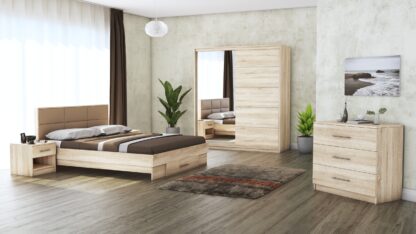Dormitor Solano, Sonoma, Dulap 183 cm, Pat cu tablie tapitata camel 140×200 cm, 2 noptiere, comoda
