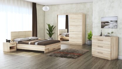 Dormitor Solano, Sonoma, Dulap 183 cm, Pat cu tablie tapitata crem 140×200 cm, 2 noptiere, comoda
