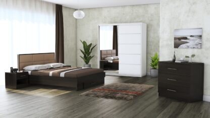Dormitor Solano, Wenge, Dulap 183 cm, Alb, Pat cu tablie tapitata camel 160×200 cm, 2 noptiere, comoda