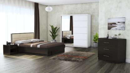 Dormitor Solano, Wenge, Dulap 183 cm, Alb, Pat cu tablie tapitata crem 160×200 cm, 2 noptiere, comoda