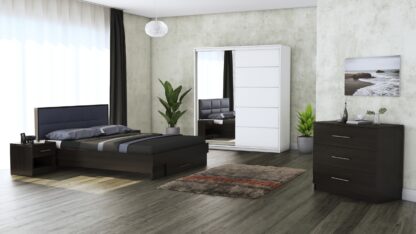 Dormitor Solano, Wenge, Dulap 183 cm, Alb, Pat cu tablie tapitata gri 140×200 cm, 2 noptiere, comoda