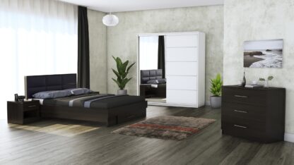Dormitor Solano, Wenge , Dulap 183 cm, Alb, Pat cu tablie tapitata negru 140×200 cm, 2 noptiere, comoda