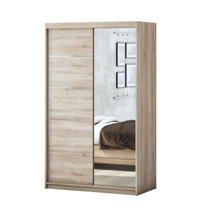 Dormitor Solano, Sonoma, Dulap 120 cm, Pat cu tablie tapitata negru 140×200 cm, 2 noptiere, comoda - imagine 5