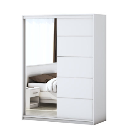 Dormitor Solano, Alb, Dulap 150 cm, Pat cu tablie tapitata negru 160x200 cm, 2 noptiere, comoda - imagine 7