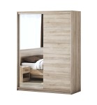 Dormitor Solano, Sonoma, Dulap 150 cm, Pat cu tablie tapitata gri 160×200 cm, 2 noptiere, comoda - imagine 4