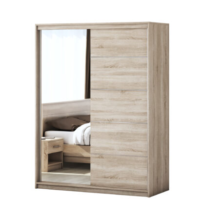 Dormitor Solano, Sonoma, Dulap 150 cm, Pat cu tablie tapitata camel 140×200 cm, 2 noptiere, comoda - imagine 8
