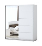 Dormitor Solano, Wenge, Dulap 183 cm, Alb, Pat cu tablie tapitata crem 160×200 cm, 2 noptiere, comoda - imagine 10