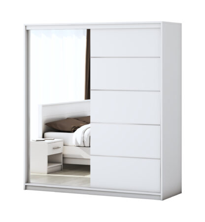 Dormitor Solano, Alb, Dulap 183 cm, Pat cu tablie tapitata negru 140x200 cm, 2 noptiere, comoda - imagine 8