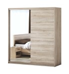 Dormitor Solano, Sonoma, Dulap 183 cm, Pat cu tablie tapitata gri 160×200 cm, 2 noptiere, comoda - imagine 4