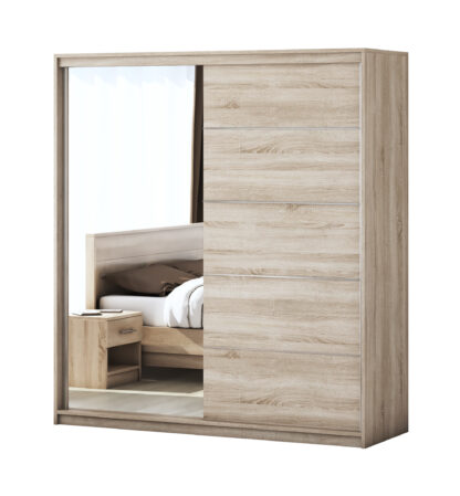 Dormitor Solano, Sonoma, Dulap 183 cm, Pat cu tablie tapitata camel 160×200 cm, 2 noptiere, comoda - imagine 6