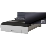 Dormitor Solano, Alb, Dulap 183 cm, Pat cu tablie tapitata gri 160×200 cm, 2 noptiere, comoda - imagine 3