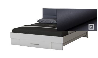 Dormitor Solano, Alb, Dulap 150 cm, Pat cu tablie tapitata gri 140×200 cm, 2 noptiere, comoda - imagine 3
