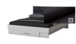 Dormitor Solano, Alb, Dulap 183 cm, Pat cu tablie tapitata negru 160x200 cm, 2 noptiere, comoda - imagine 3