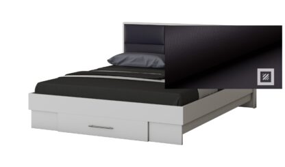 Dormitor Solano, Alb, Dulap 150 cm, Pat cu tablie tapitata negru 160x200 cm, 2 noptiere, comoda - imagine 3