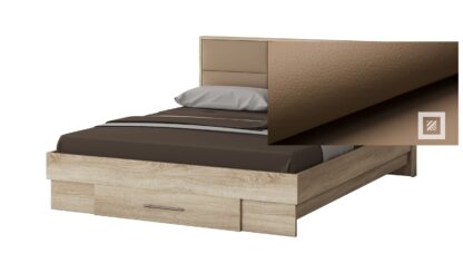 Dormitor Solano, Sonoma, Dulap 150 cm, Pat cu tablie tapitata camel 140×200 cm, 2 noptiere, comoda - imagine 3